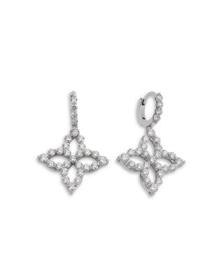 18K White Gold Diamond Princess Outline Diamond Flower Drop Earrings
