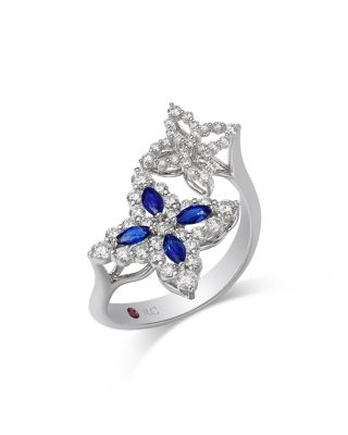 18K White Gold Diamond Princess Outline Blue Sapphire & Diamond Flower Bypass Ring