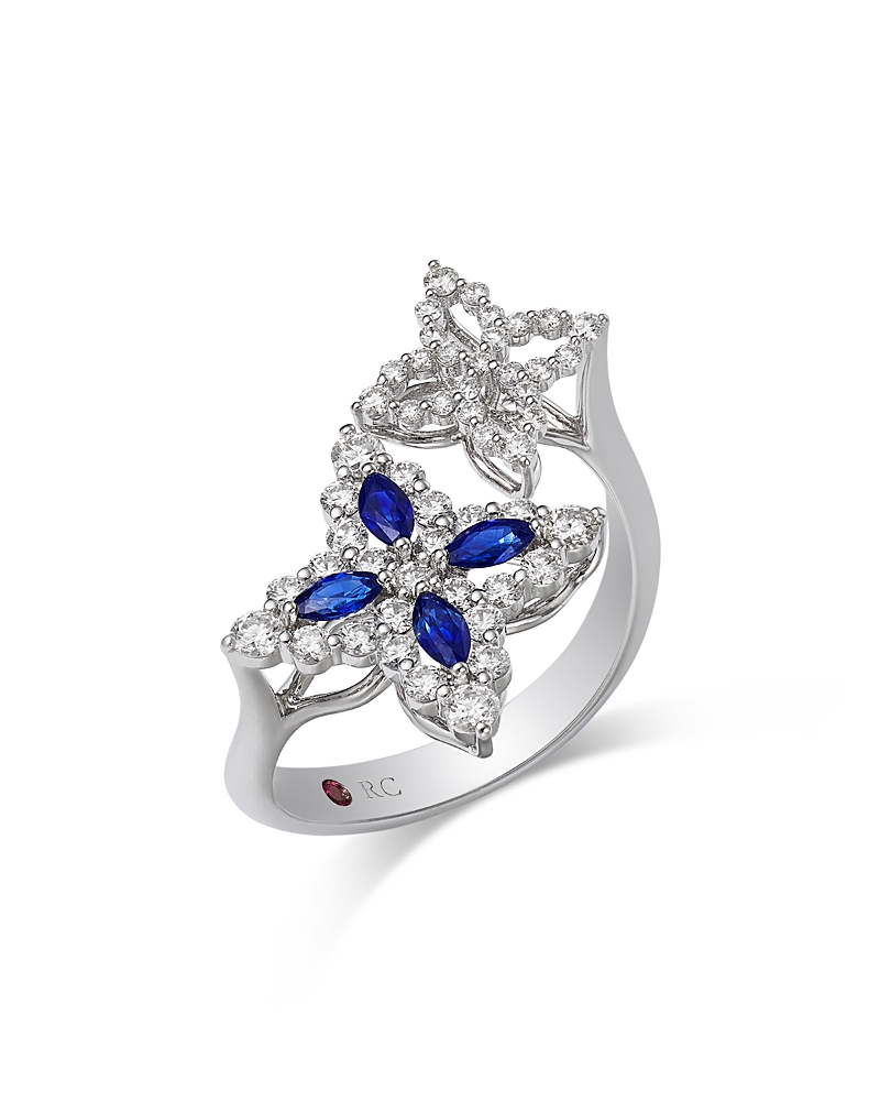 Roberto Coin 18k White Gold Diamond Princess Outline Blue Sapphire & Diamond Flower Bypass Ring In White