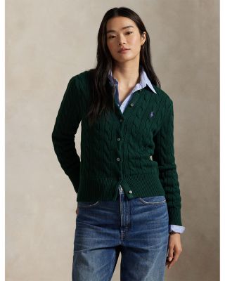 Cable Knit Cotton Crewneck Cardigan Sweater