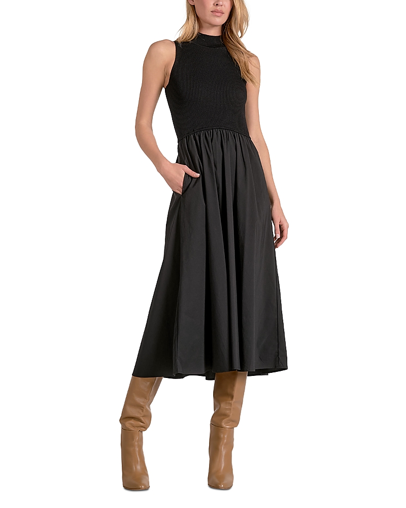 Elan Mixed Media Midi Dress In Black