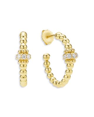 18K Yellow Gold Caviar Gold Diamond Rondelle Bead Hoop Earrings