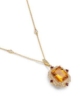 Red Citrine, Ruby & Diamond Halo Pendant Necklace in 14K Yellow Gold, 18"