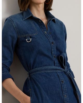 Horsebit Trim Belted Denim Shirtdress