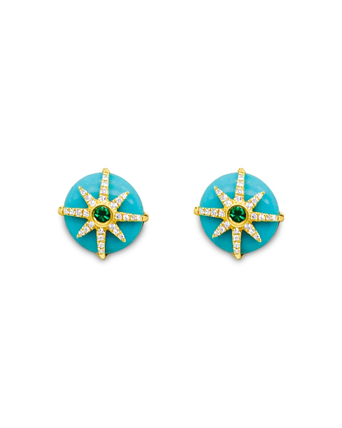 14K Yellow Gold Turquoise, Emerald, & Diamond Stud Earrings