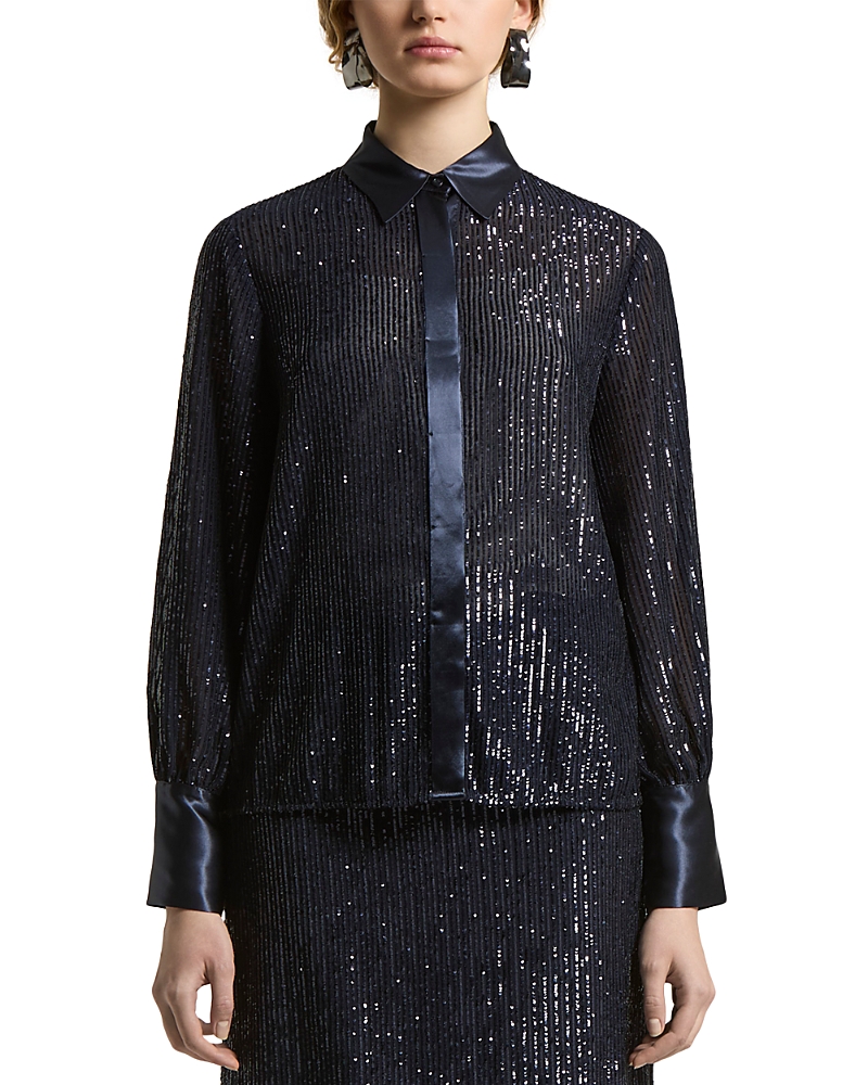 Peserico Sequin-embellished Satin-trimmed Shirt In Blue