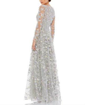 Floral Applique Long Sleeve Illusion Gown