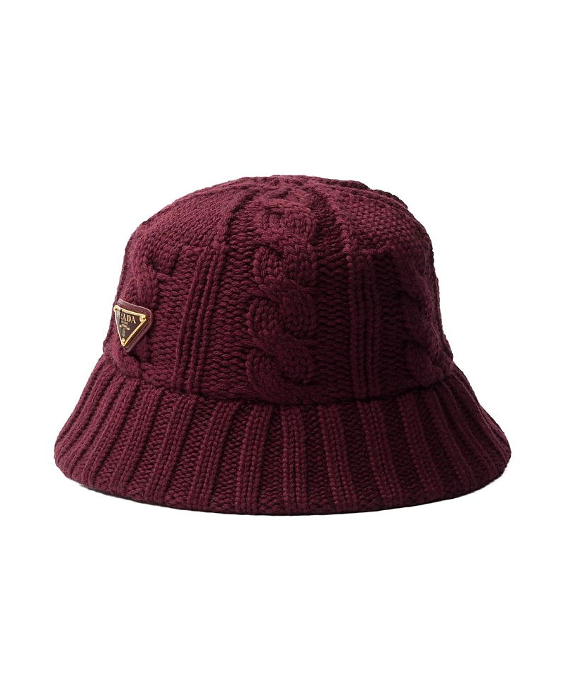 Prada Cable-knit Logo Bucket Hat In Burgundy