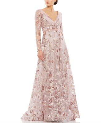 Embellished V Neck Illusion Long Sleeve A Line Gown