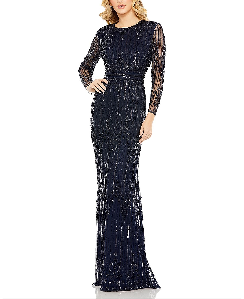 Mac Duggal Sequin Stripe Long Sleeve Column Gown In Blue