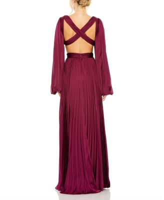 Long Sleeve Pleated Charmeuse Cut Out Gown