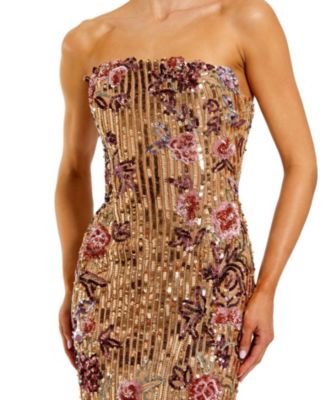 Floral Sequin Strapless Column Ankle Dress