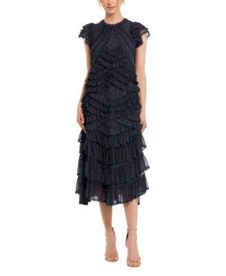 High Neck Ruffle Mesh Midi Dress