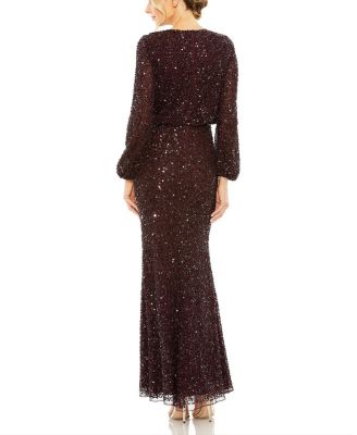High Neck Long Sleeve Beaded Blouson Gown