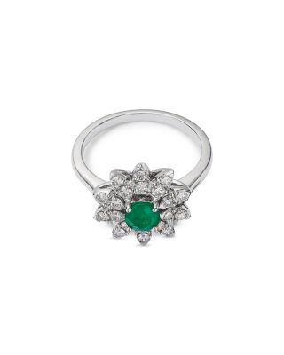 Emerald & Diamond Flower Ring in 14K White Gold