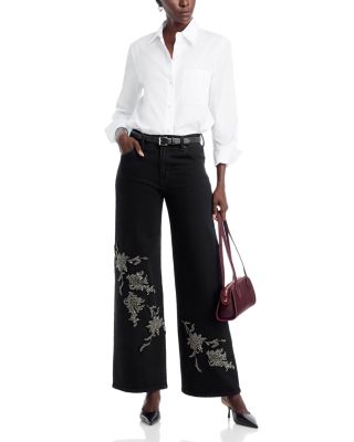 Lyla Beaded Floral Wide Leg Jeans in Black