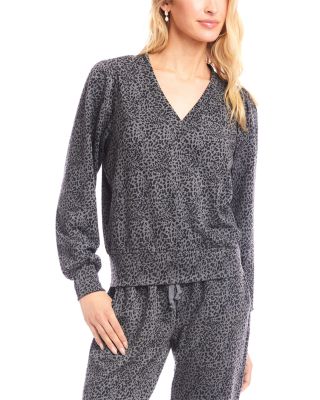 Printed Puff Sleeve V-Neck Sweatshirt