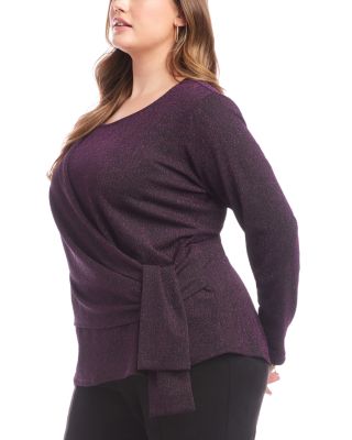 Plus Size Long Sleeve Metallic Knit Side Tie Top