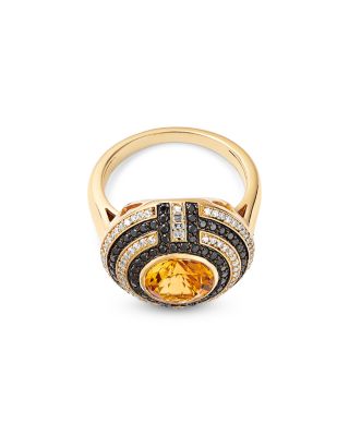 Citrine, Black & White Diamond Circle Ring in 14K Yellow Gold