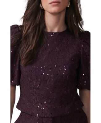 Women's Sequin Lace Puff Sleeve Top
