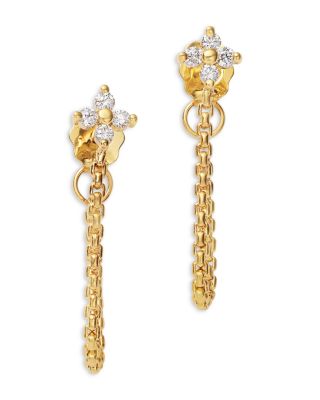 14K Yellow Gold Prong Diamonds Flower Chain Huggie Hoop Earrings