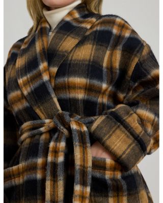 Plaid Wool Blend Shawl Collar Wrap Coat