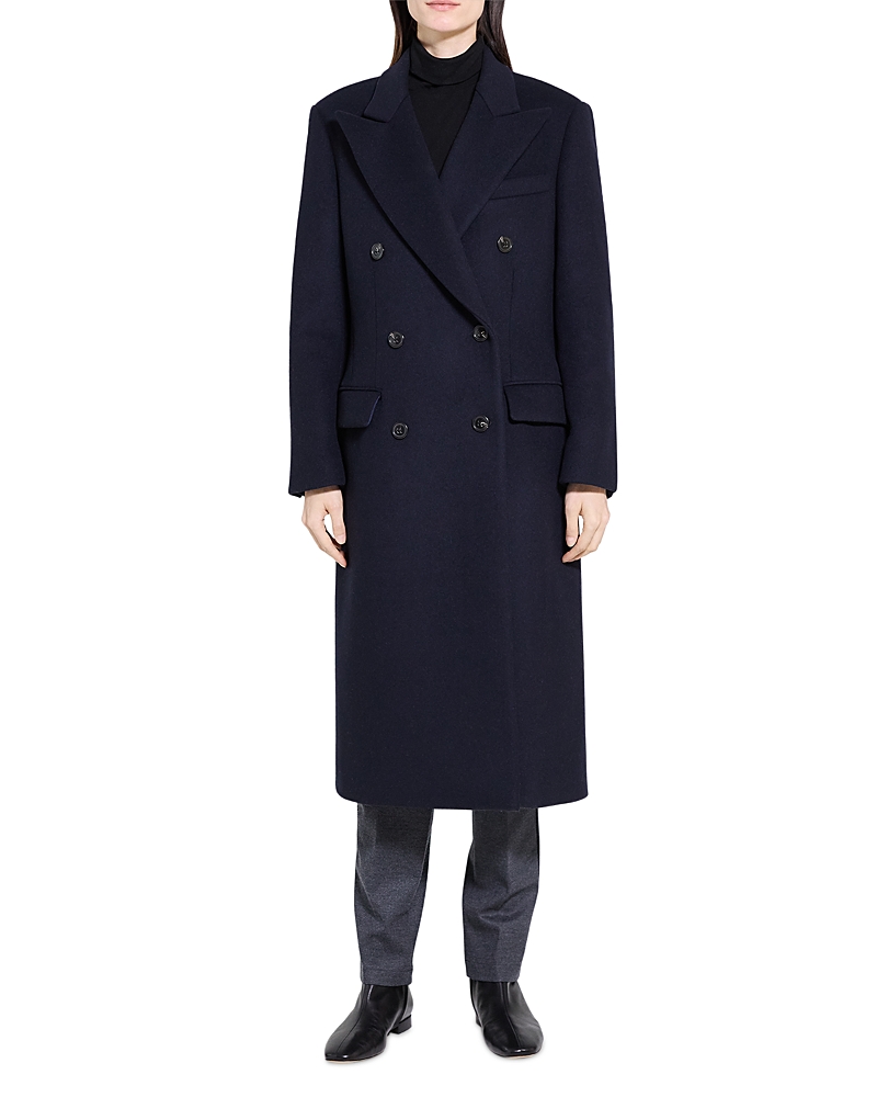 Theory Double Breasted Peak Lapel Coat In Blue
