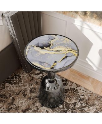 Knoll 16" Iron Round End Table with Marble-Pattern Top and Hammered Base