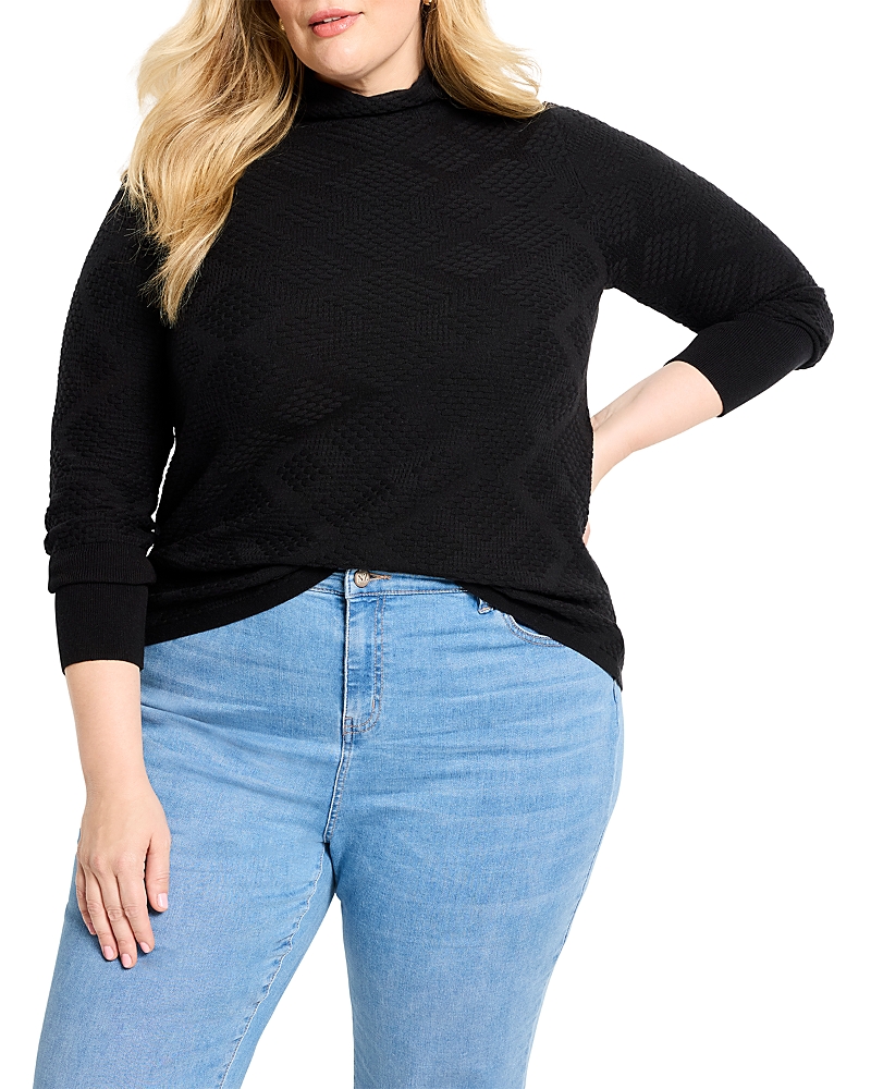 Nic+zoe Plus Textured Diamond Funnel Neck Sweater In Black