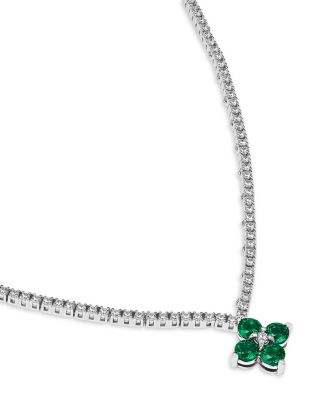 Emerald & Diamond Clover Tennis Necklace in 14K White Gold, 16"