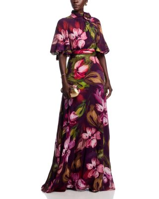 Floral Flutter Sleeve Mock Neck Gown 
