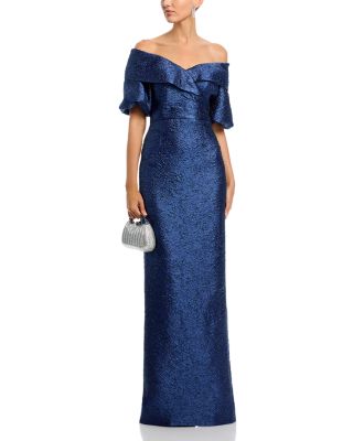Metallic Jacquard Puff Sleeve Gown