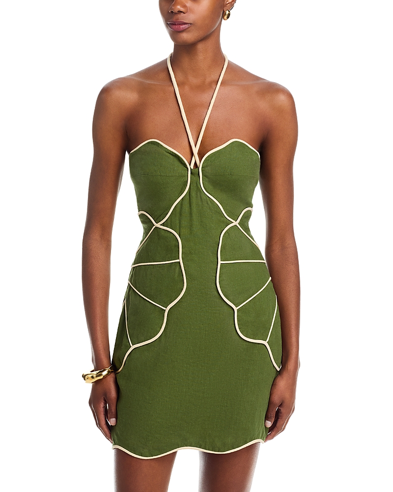 Farm Rio Asymmetric Neck Mini Dress In Green