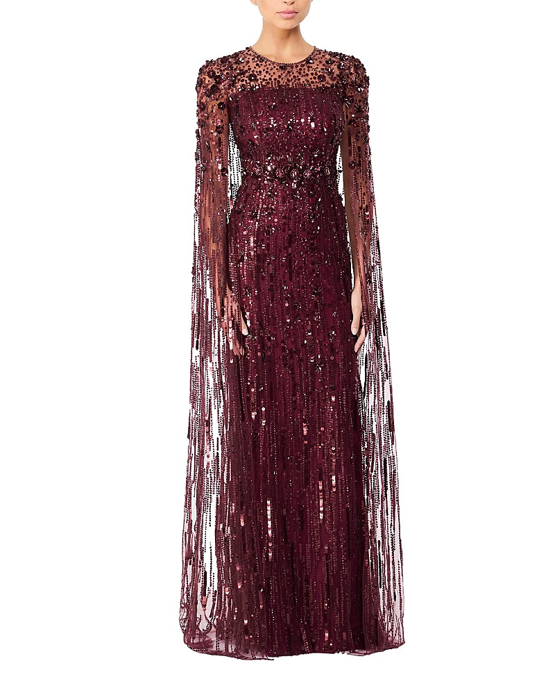 Jenny Packham Ruby Sequin-embellished Cape Maxi Dress In Burgundy