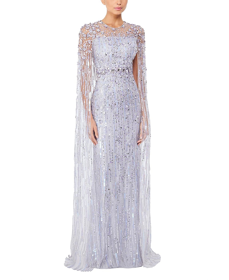 Jenny Packham Ruby Embellished Cape Maxi Dress In Gray