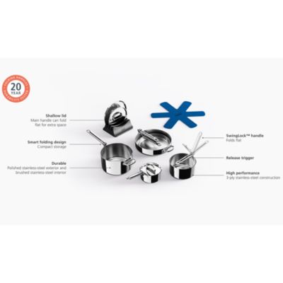 Space Steel Eight Piece Stainless Steel Cookware Set with Folding Handles