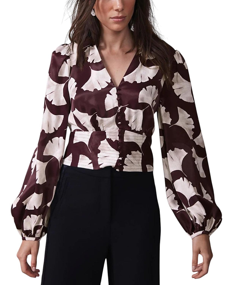 Mint Velvet Leaf Print Top In Burgundy