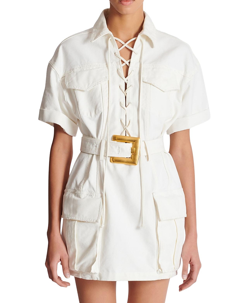 Balmain Short Lace-up Canvas Dress In White