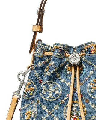 T Monogram Embellished Denim Bucket Bag