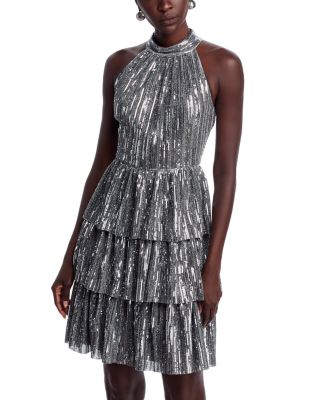 Sequin Mock Neck Tiered Dress