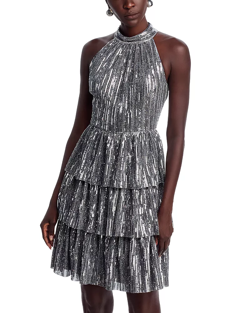 Eliza J Sequin Mock Neck Tiered Dress