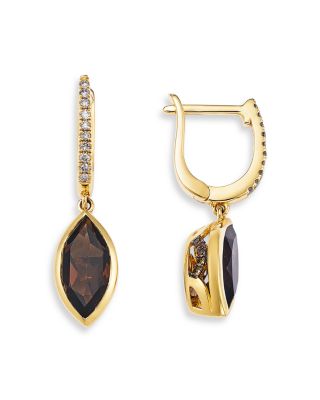 Smokey Quartz & Champagne Diamond Marquis Dangle Huggie Hoop Earrings in 14K Yellow Gold