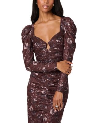 Long Sleeve Mesh Ruched Midi Dress