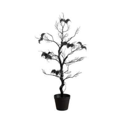 3' Pre-Lit Artificial Halloween Black Spooky Twig Tree with Bats and 100 Orange & Purple LED Lights