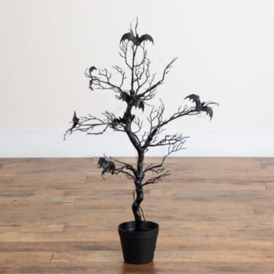 3' Pre-Lit Artificial Halloween Black Spooky Twig Tree with Bats and 100 Orange & Purple LED Lights