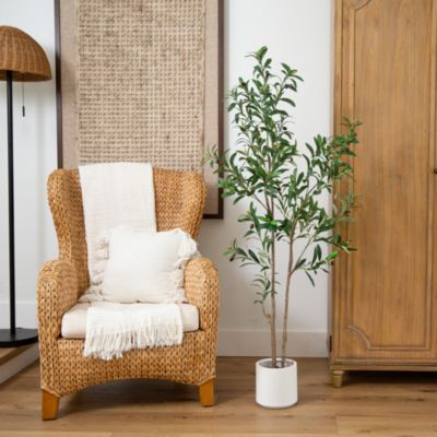 5&#39; Artificial Minimalist Olive Tree in White Decorative Planter
