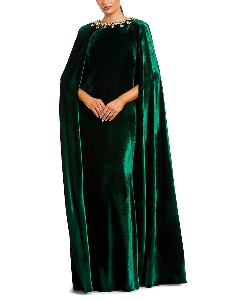 Mac Duggal Velvet Cape Gown With Embellished Neckline In Green