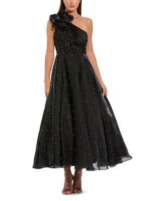  Pearl Beaded Organza One Shoulder Midi Dress