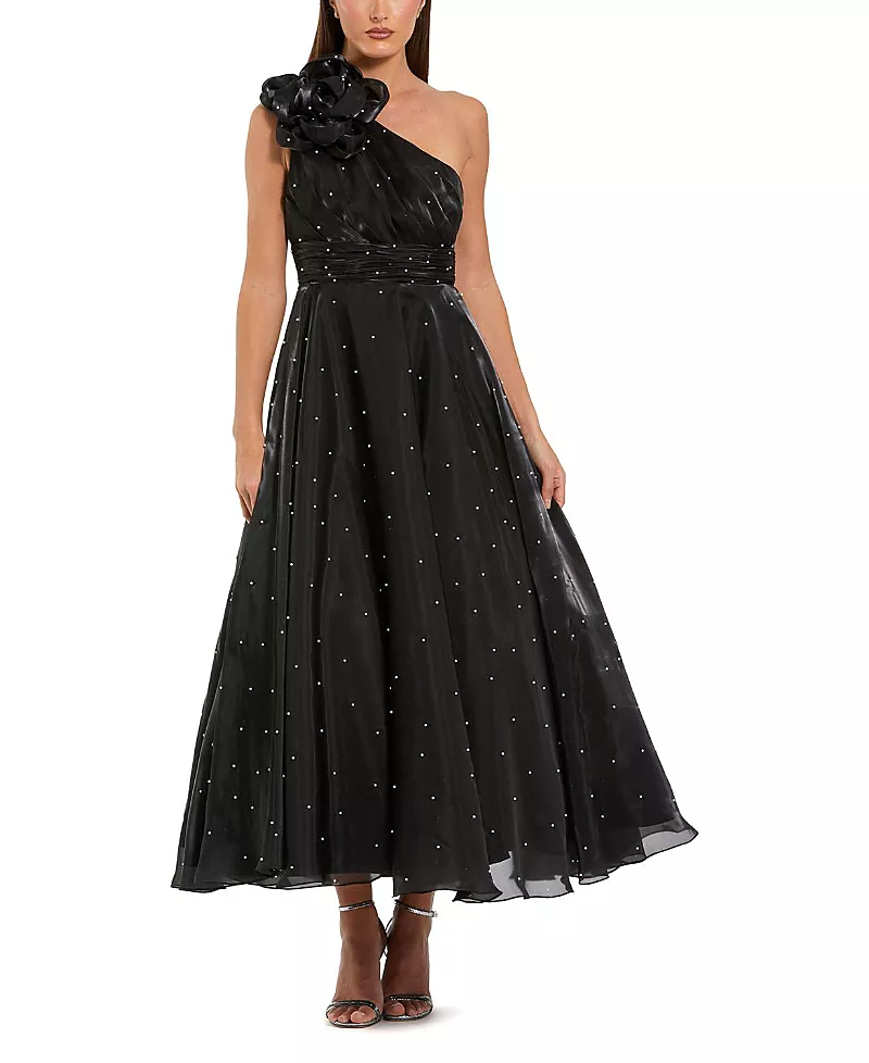 Mac Duggal Pearl Beaded Organza One Shoulder Midi Dress