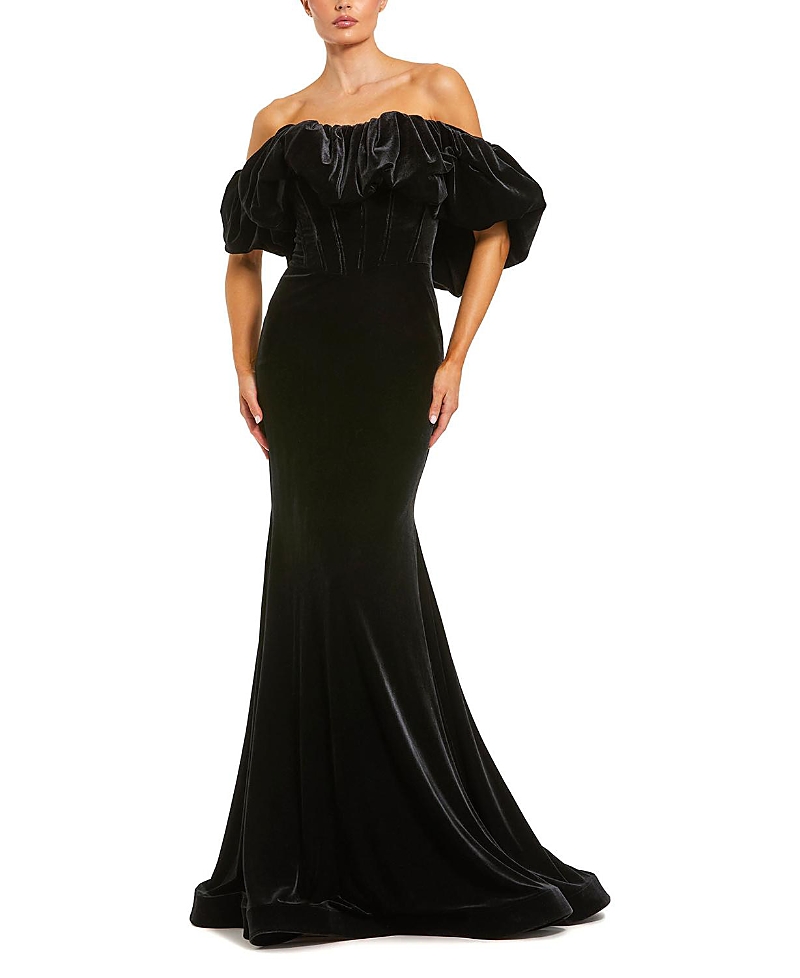 Mac Duggal Off The Shoulder Bustier Velvet Mermaid Gown In Black